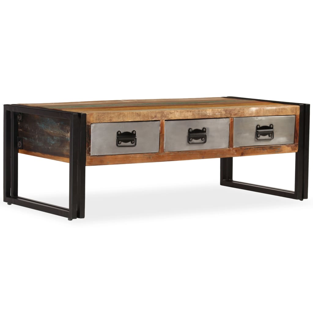 vidaXL Table basse avec 3 tiroirs en bois de récupération massif 100x50x35 cm