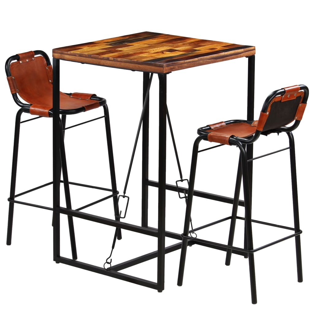 vidaXL Ensemble de bar 3 pcs Bois de récupération massif et cuir de chèvre véritable
