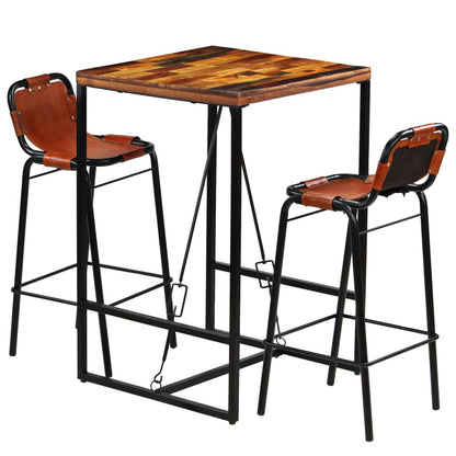 vidaXL Ensemble de bar 3 pcs Bois de récupération massif et cuir de chèvre véritable