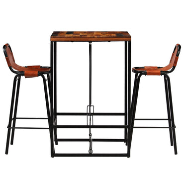 vidaXL Ensemble de bar 3 pcs Bois de récupération massif et cuir de chèvre véritable