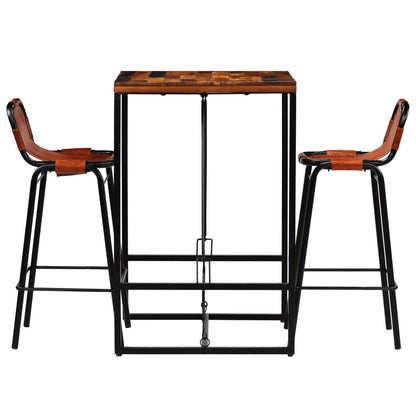 vidaXL Ensemble de bar 3 pcs Bois de récupération massif et cuir de chèvre véritable