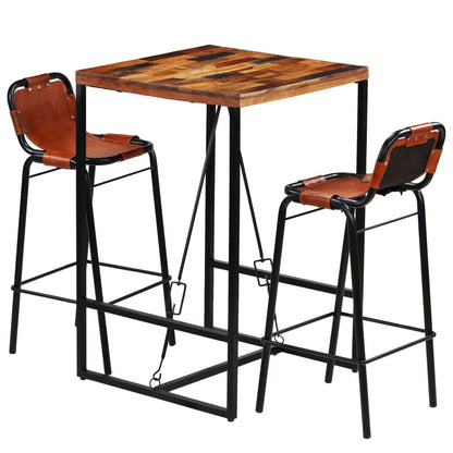 vidaXL Ensemble de bar 3 pcs Bois de récupération massif et cuir de chèvre véritable