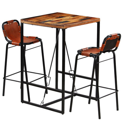 vidaXL Ensemble de bar 3 pcs Bois de récupération massif et cuir de chèvre véritable