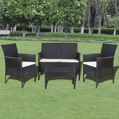 4-tlg. Garten-Lounge-Set mit Auflagen Poly Rattan Schwarz