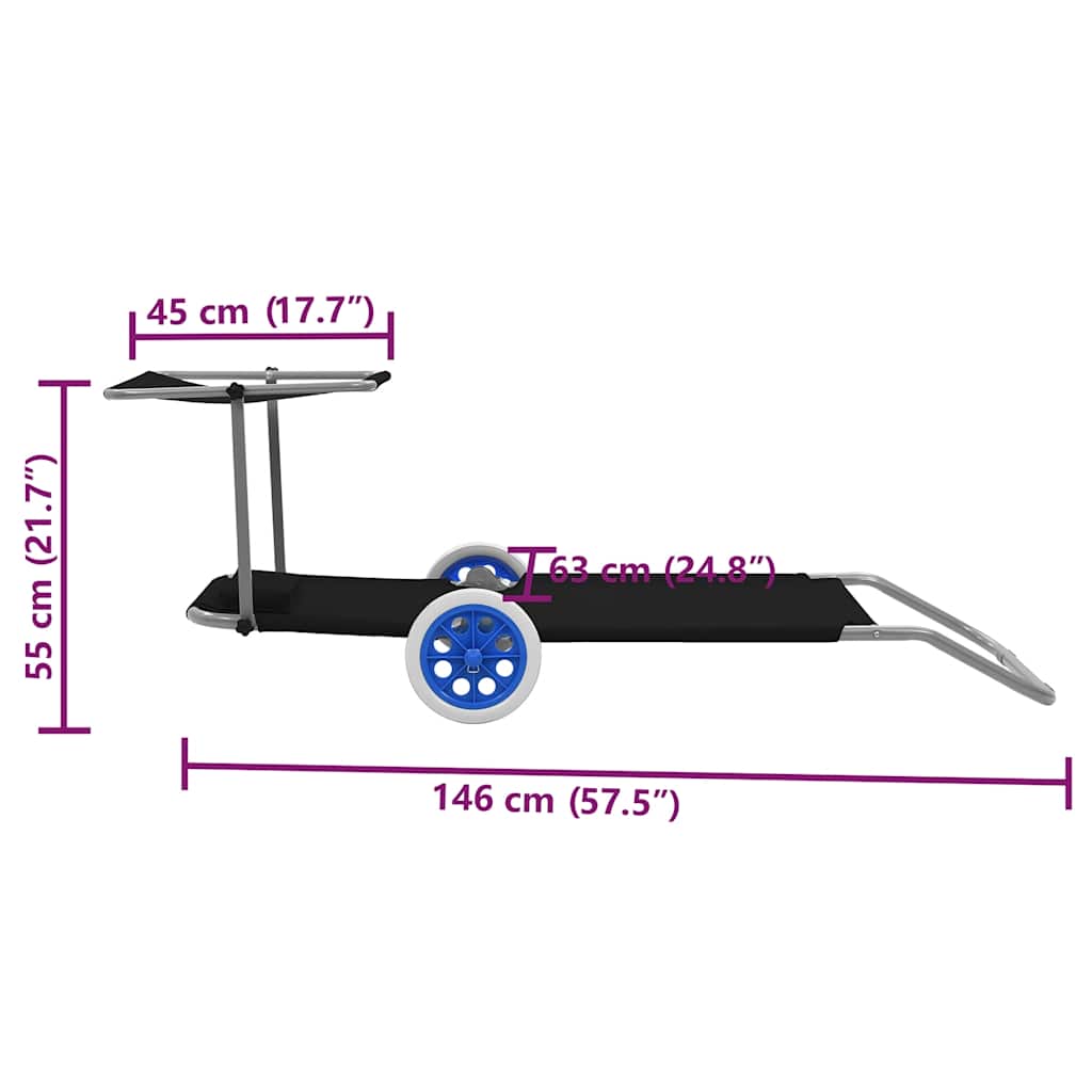 Klappliege mit Sonnenschutz und Rädern Stahl Schwarz