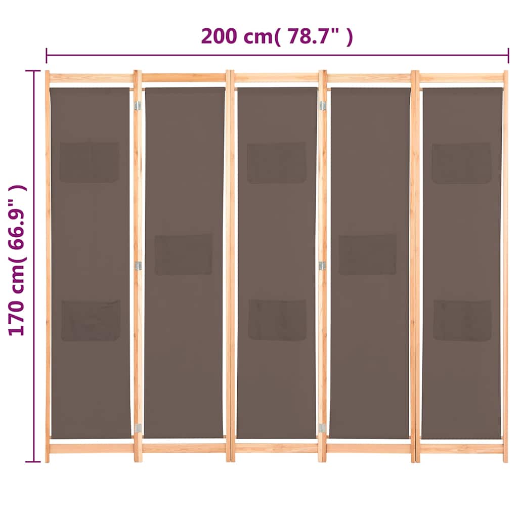 vidaXL 5-teiliger Raumteiler Braun 200 x 170 x 4 cm Stoff