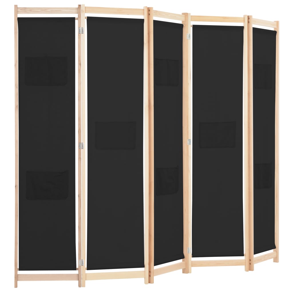 vidaXL 5-teiliger Raumteiler Schwarz 200 x 170 x 4 cm Stoff