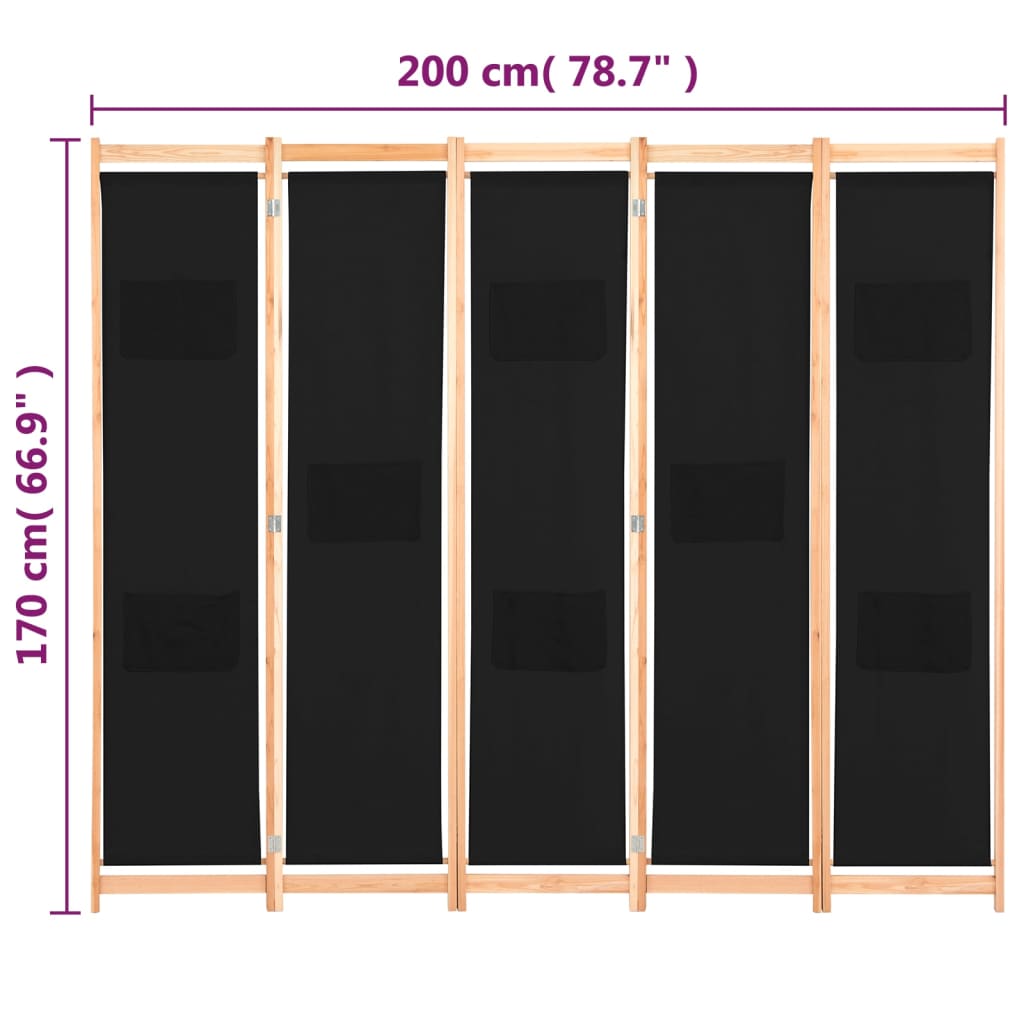 vidaXL 5-teiliger Raumteiler Schwarz 200 x 170 x 4 cm Stoff