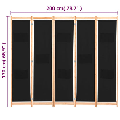 vidaXL 5-teiliger Raumteiler Schwarz 200 x 170 x 4 cm Stoff