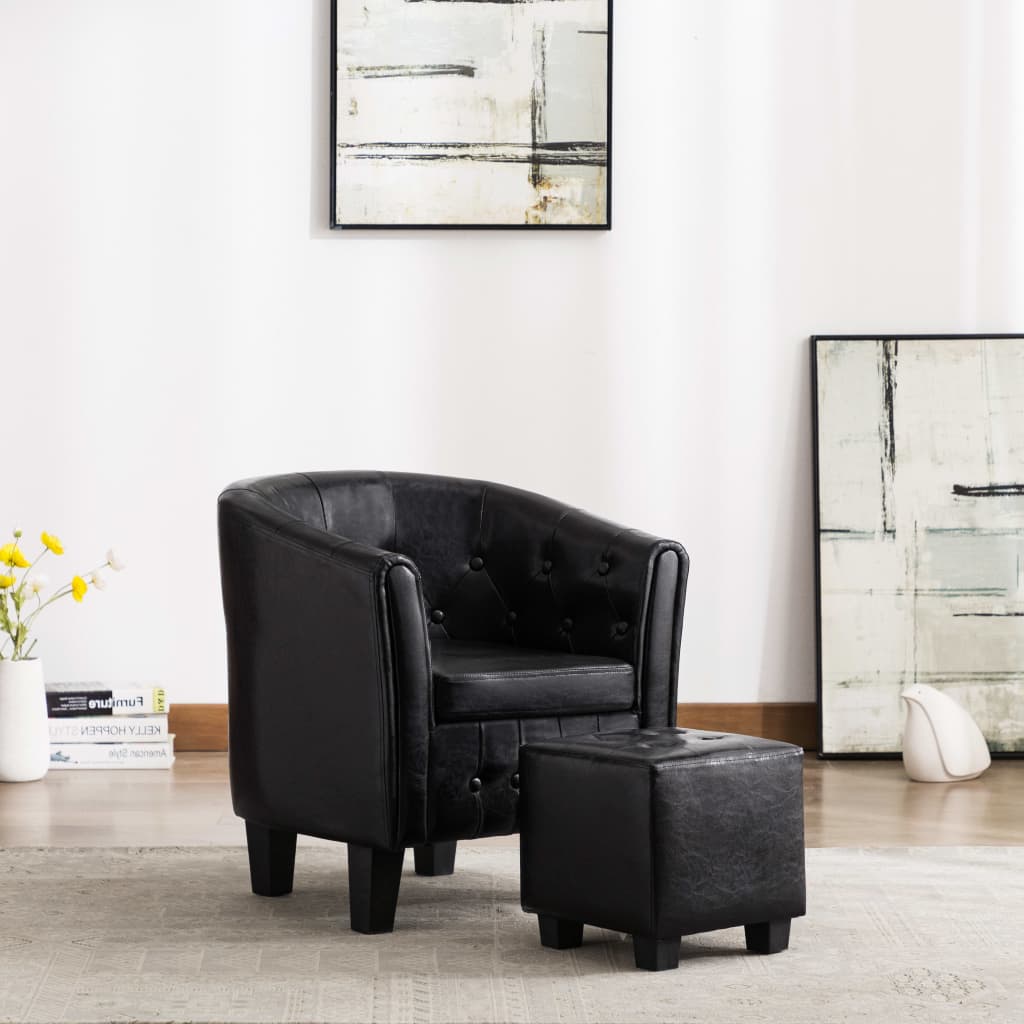 vidaXL Sessel mit Fußhocker Schwarz Kunstleder