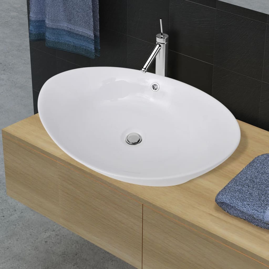 Lavabo en céramique Évier en céramique Trop-plein Ovale 59 x 38,5 cm