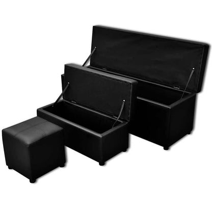 Banc de rangement similicuir noir repose-pieds ensemble 3 pièces