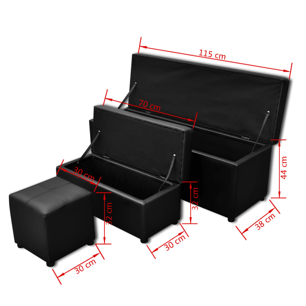 Banc de rangement similicuir noir repose-pieds ensemble 3 pièces
