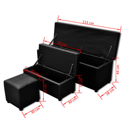 Banc de rangement similicuir noir repose-pieds ensemble 3 pièces