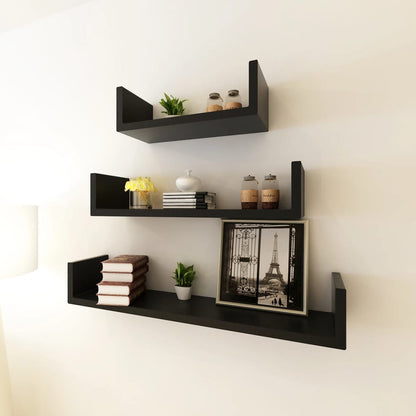 3-tlg. Wandregal-Set U-Form für Bücher DVD MDF Schwarz