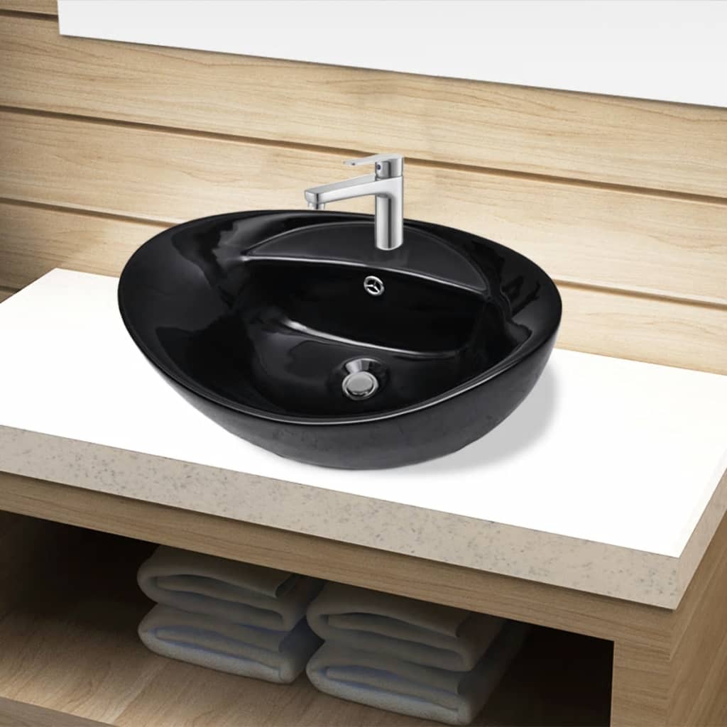 Lavabo céramique trou de robinetterie/trop-plein ovale noir