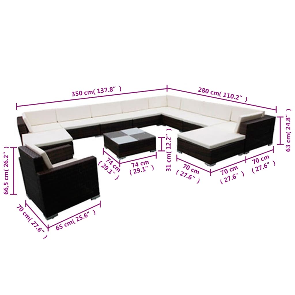 vidaXL 12-tlg. Garten-Lounge-Set mit Kissen Poly Rattan Schwarz