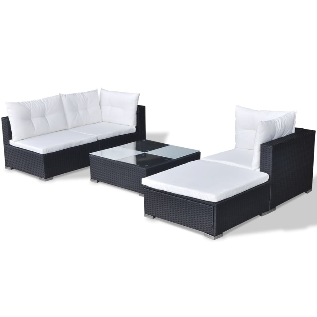 5-tlg. Garten-Lounge-Set mit Kissen Poly Rattan Schwarz