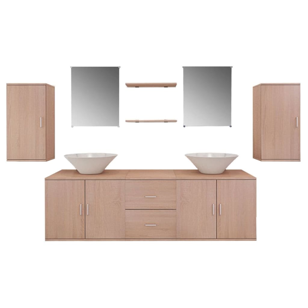 vidaXL 9-tlg. Badmöbel und Waschbecken Set Beige