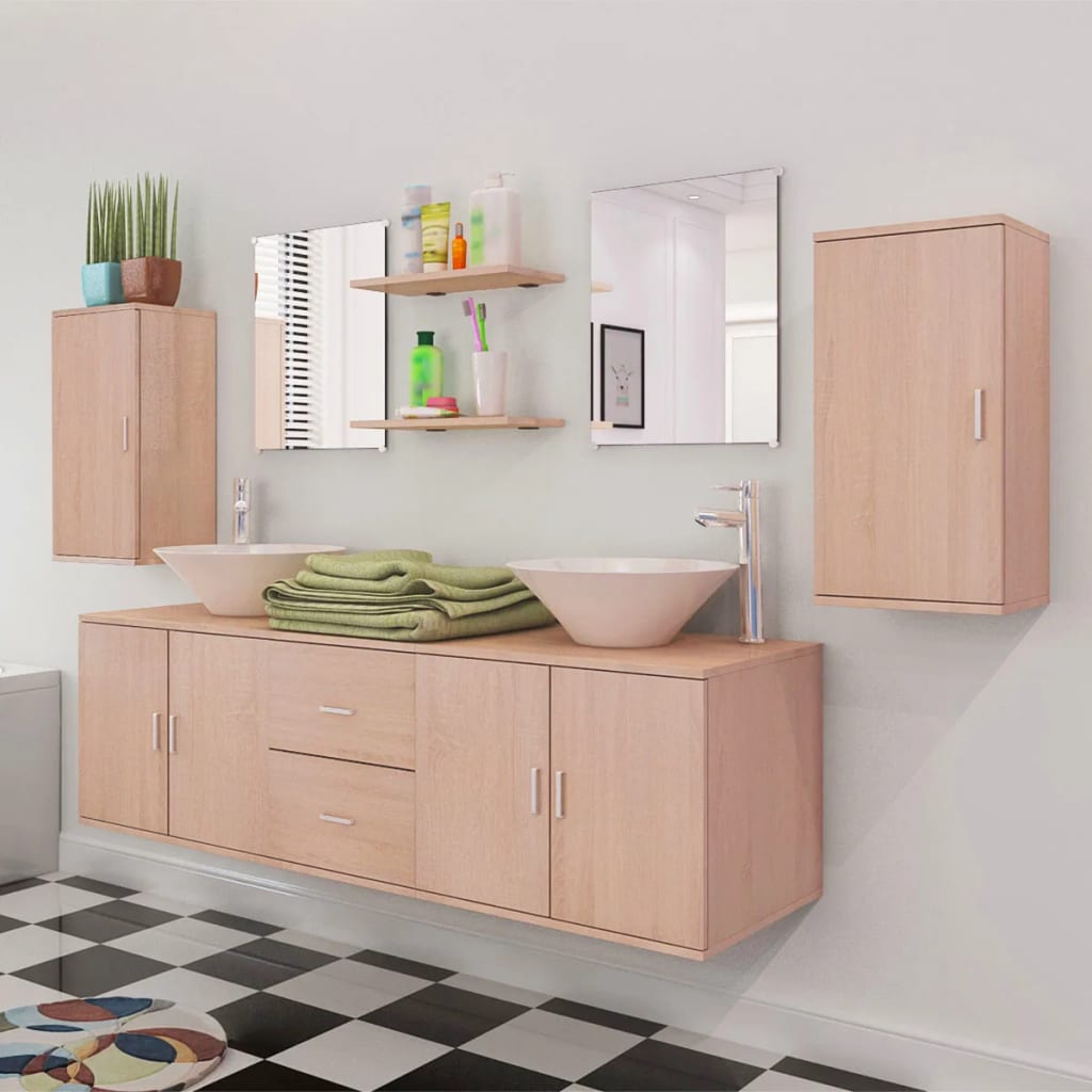 vidaXL 9-tlg. Badmöbel und Waschbecken Set Beige