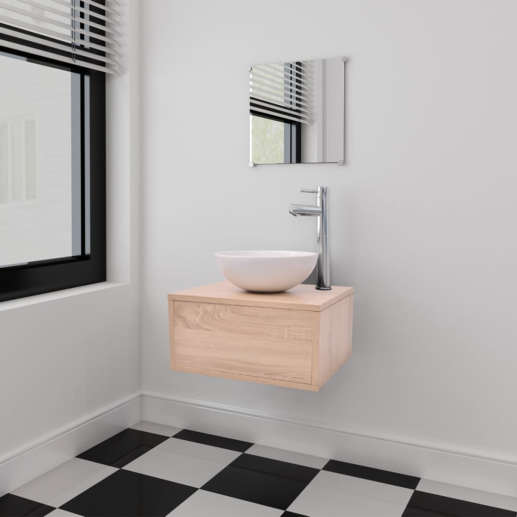 vidaXL 4-tlg. Badmöbel-Set mit Waschbecken und Wasserhahn Beige