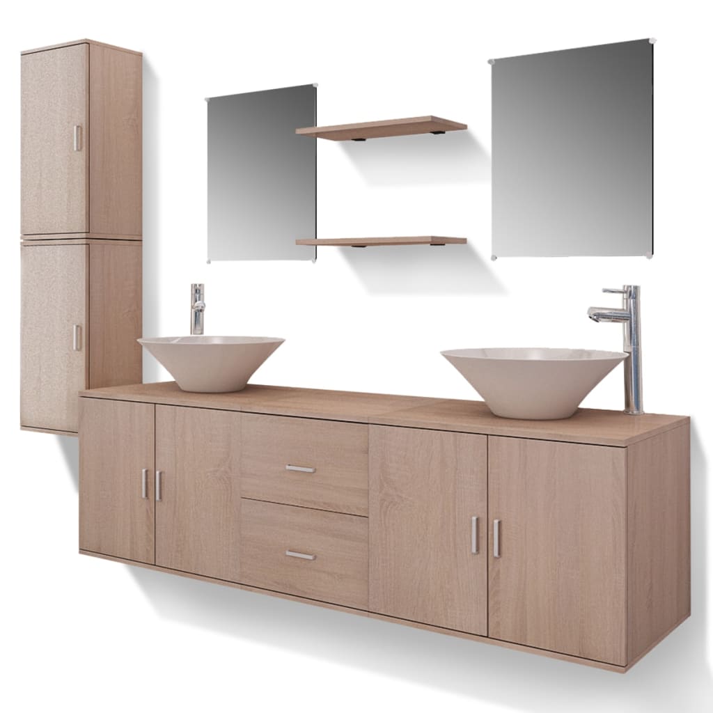 vidaXL 11-tlg. Badmöbel-Set mit Waschbecken und Wasserhahn Beige