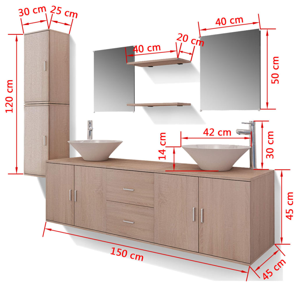 vidaXL 11-tlg. Badmöbel-Set mit Waschbecken und Wasserhahn Beige