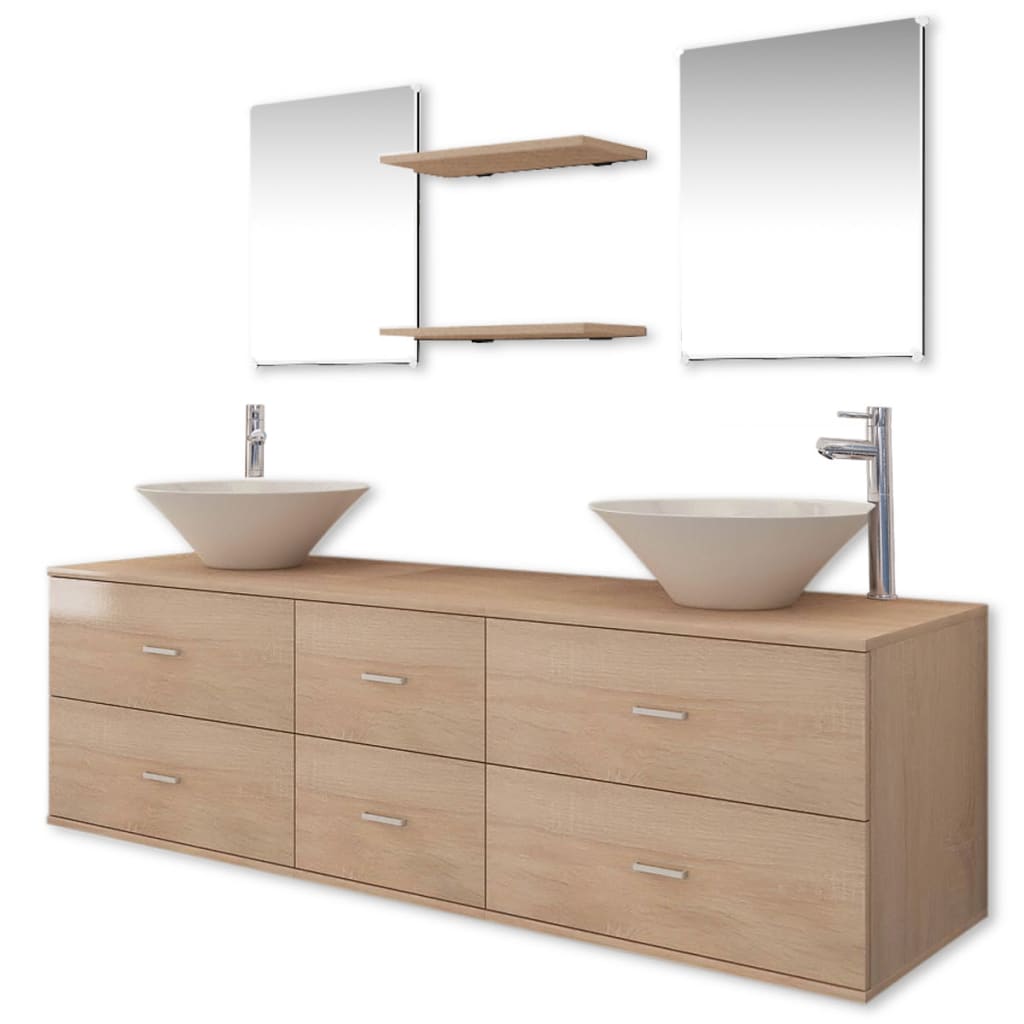 vidaXL 9-tlg. Badmöbel-Set mit Waschbecken und Wasserhahn Beige