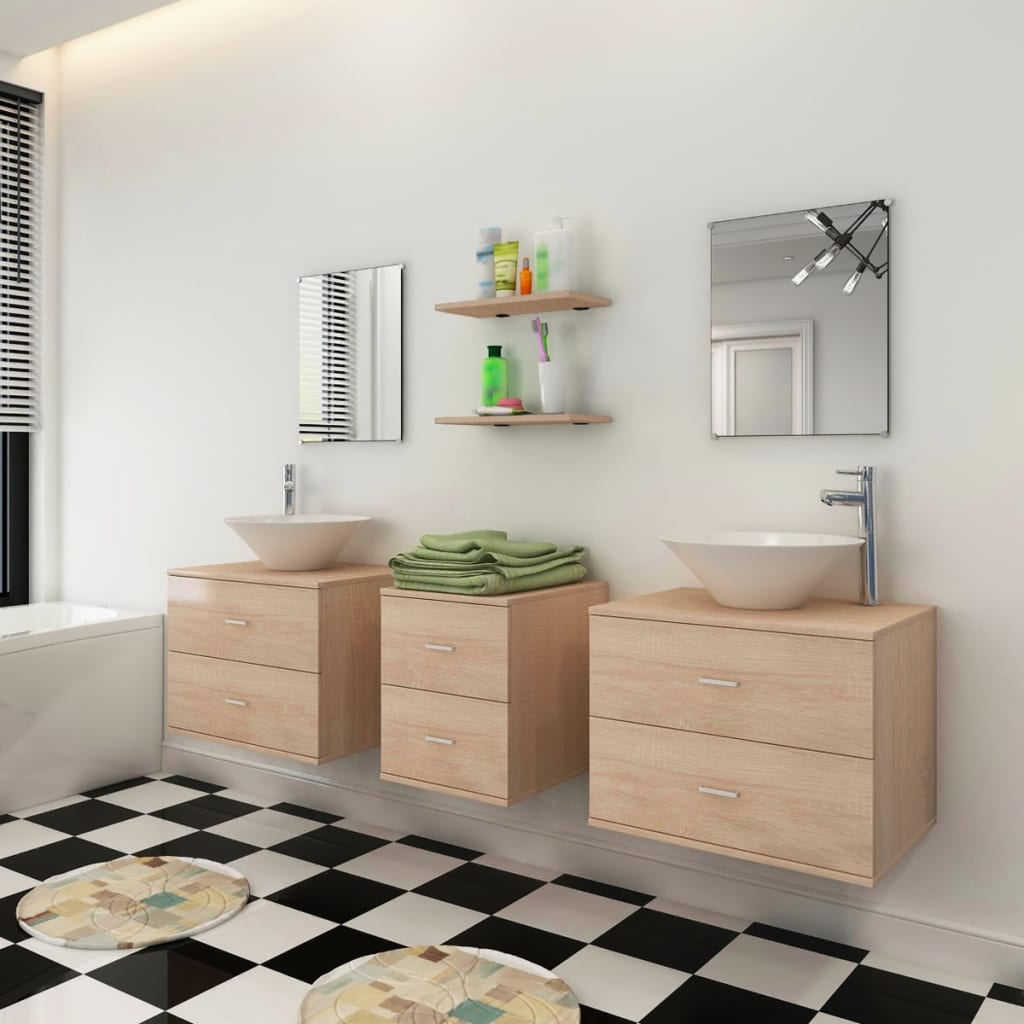 vidaXL 9-tlg. Badmöbel-Set mit Waschbecken und Wasserhahn Beige