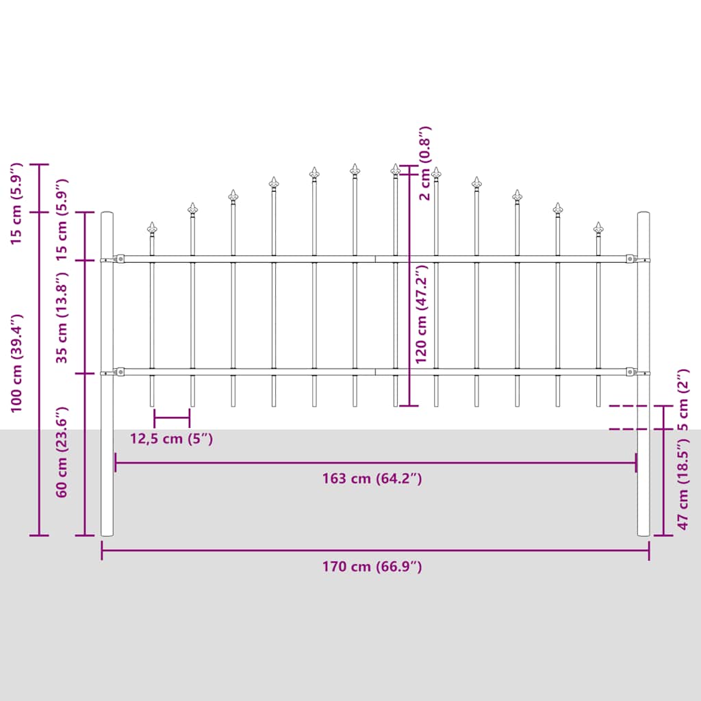 vidaXL Gartenzaun mit Speerspitzen Stahl (0,5 - 0,75) x 1,7 m Schwarz