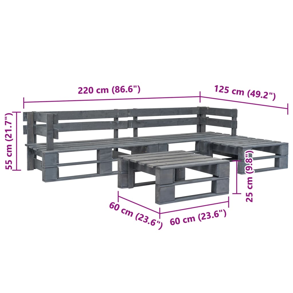vidaXL Salon de jardin 4 pcs en palettes Bois Gris