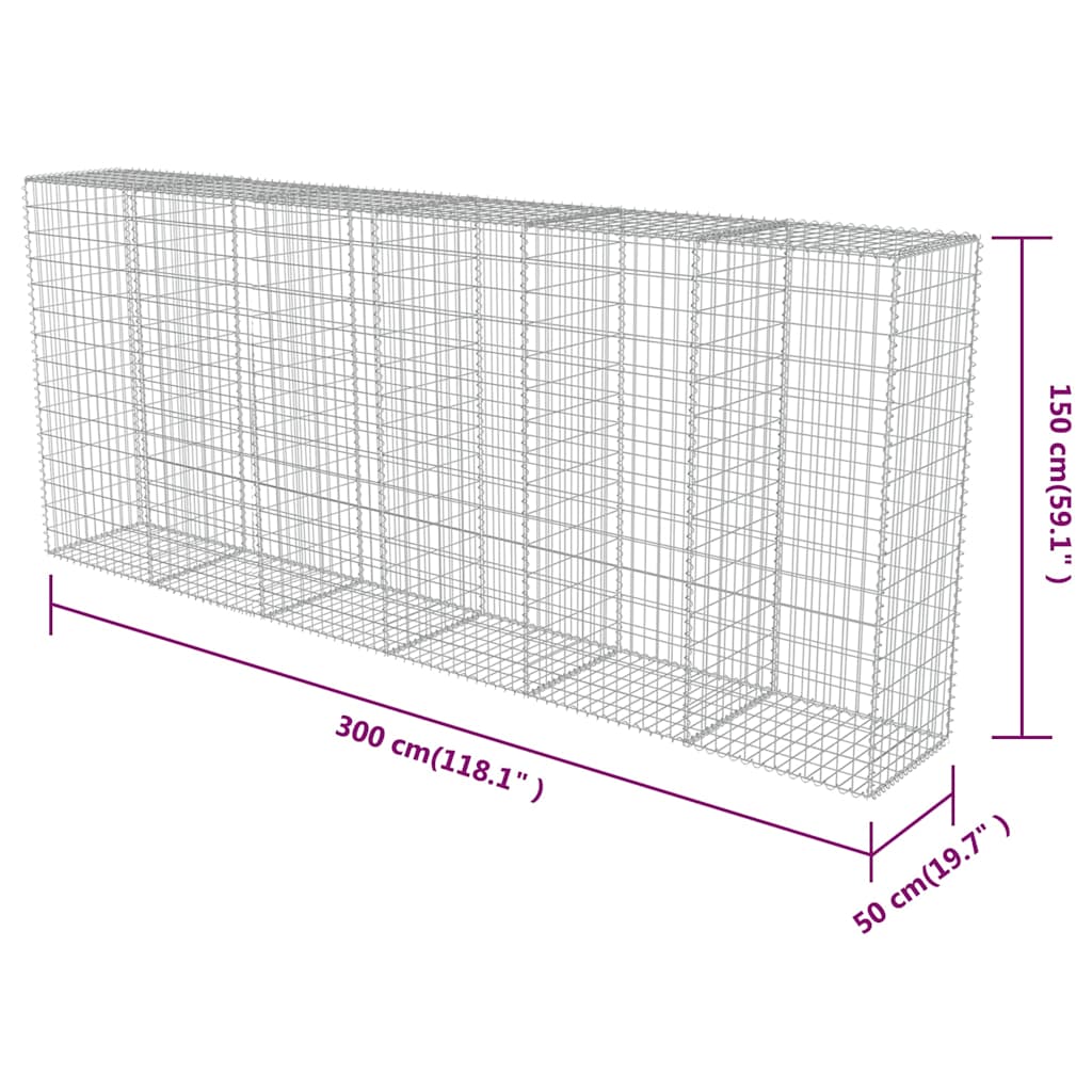 vidaXL Mur de gabions avec couvercle en acier galvanisé 300 × 50 × 150 cm