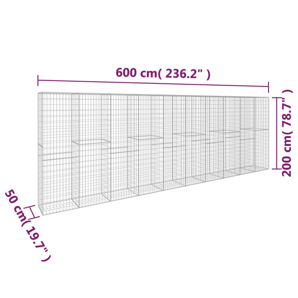 vidaXL Gabionenwand mit Abdeckung Verzinkter Stahl 600 x 50 x 200 cm