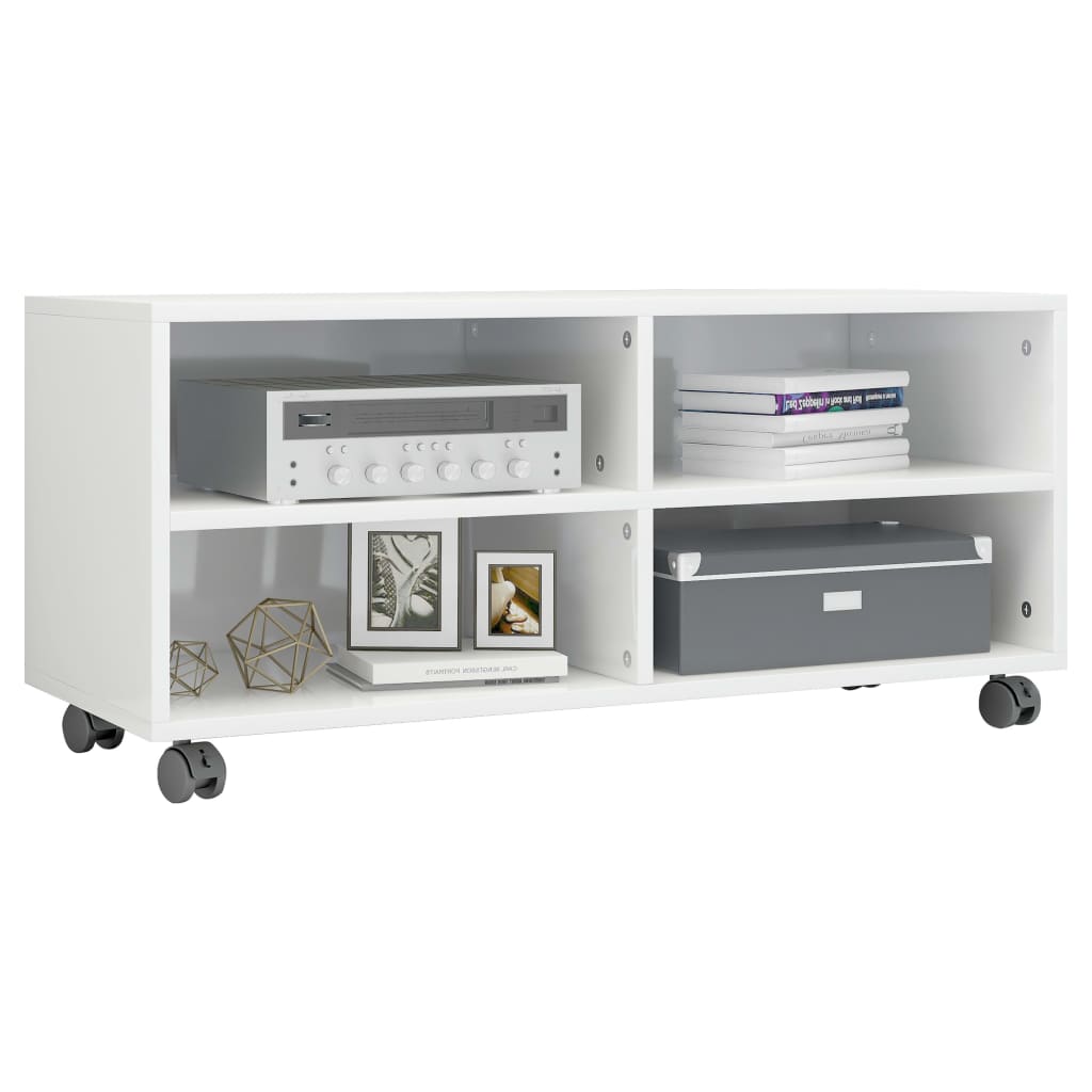 Meuble TV vidaXL avec roulettes, blanc brillant 90x35x35 cm, bois d'ingénierie