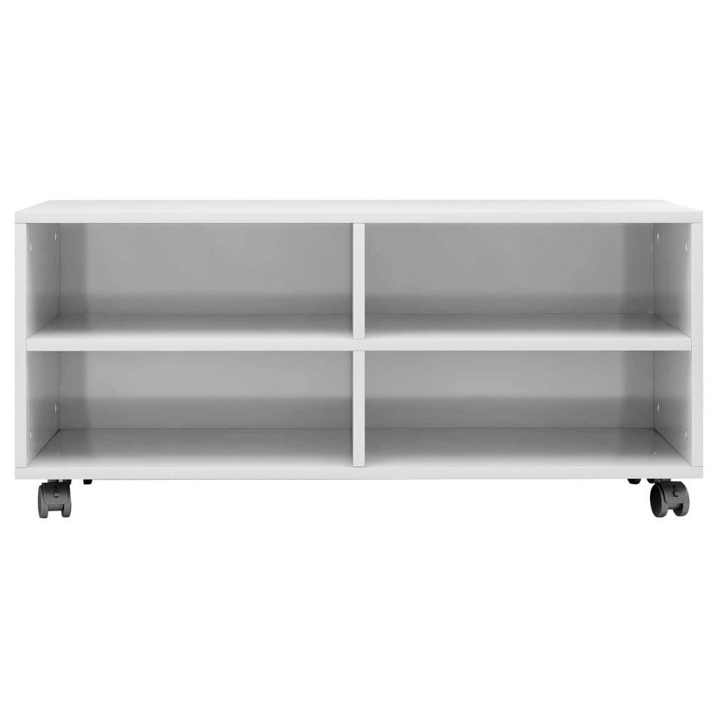 Meuble TV vidaXL avec roulettes, blanc brillant 90x35x35 cm, bois d'ingénierie