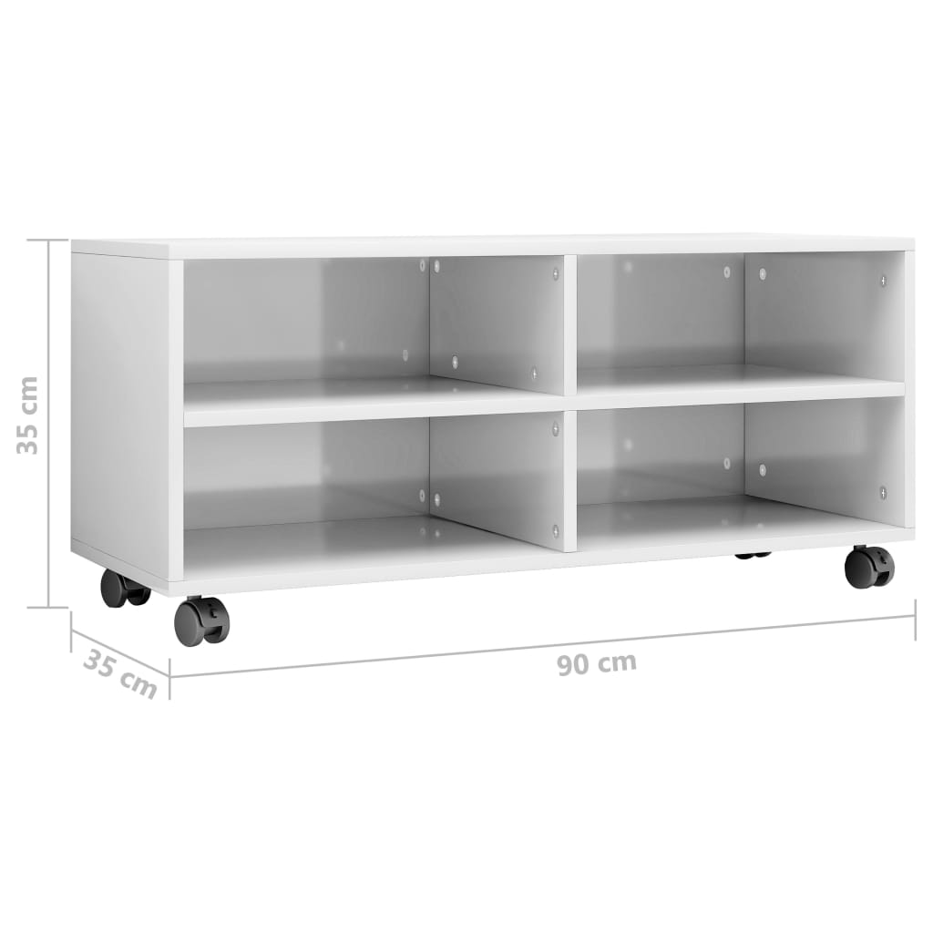 Meuble TV vidaXL avec roulettes, blanc brillant 90x35x35 cm, bois d'ingénierie