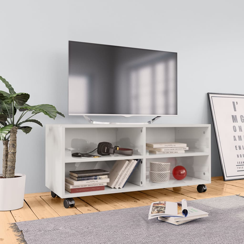 Meuble TV vidaXL avec roulettes, blanc brillant 90x35x35 cm, bois d'ingénierie