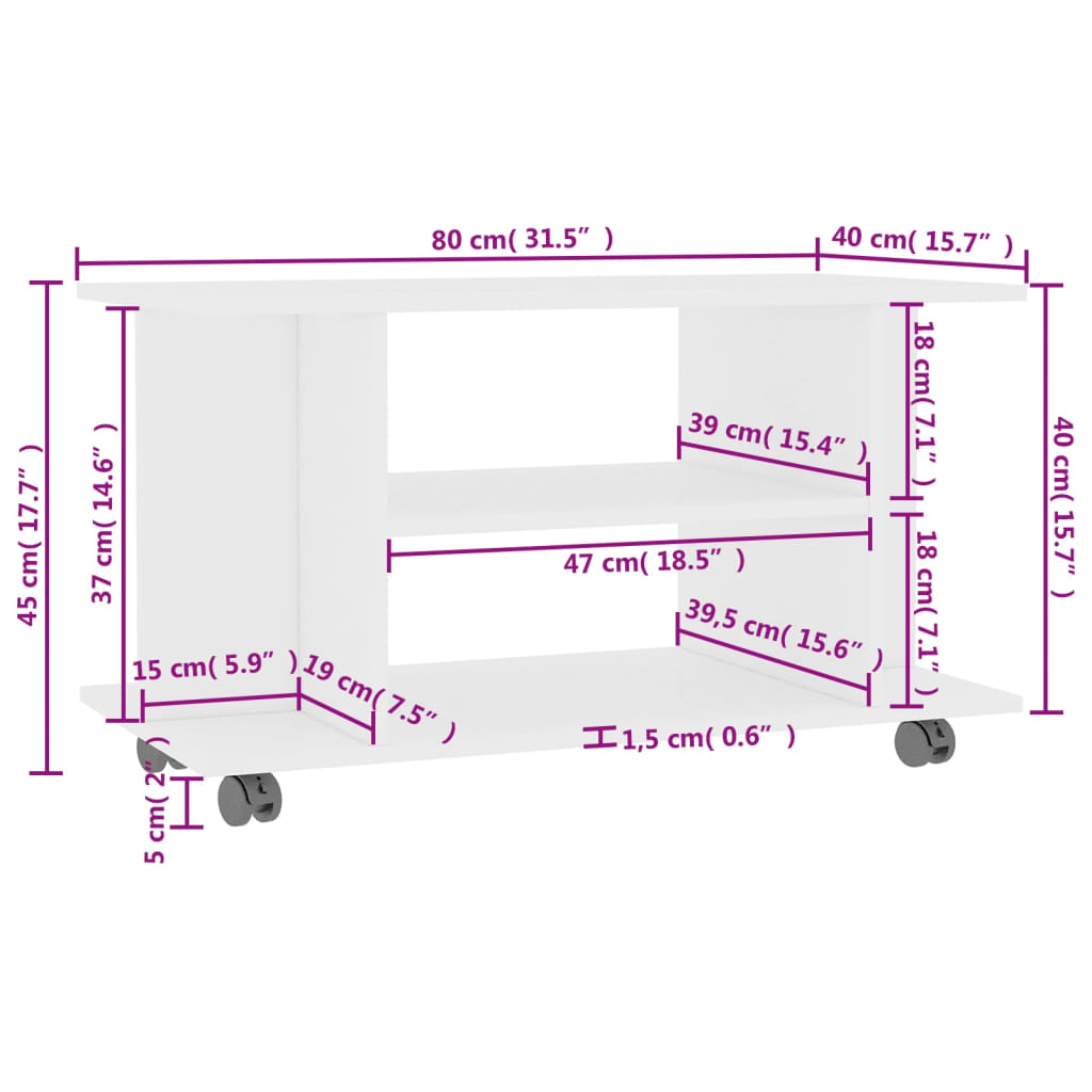 vidaXL Meuble TV à roulettes Blanc 80x40x45 cm Bois d'ingénierie