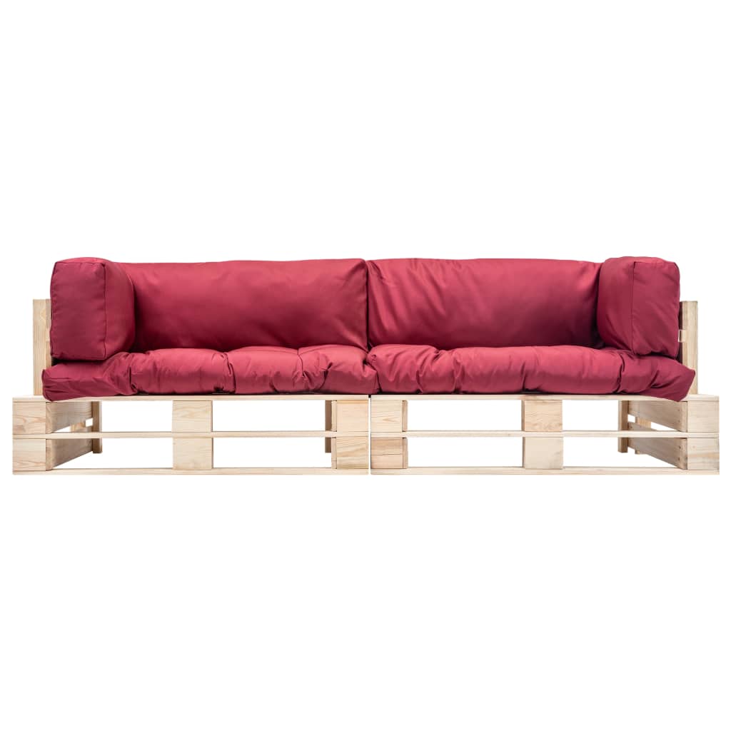 vidaXL Ensemble de canapés de palette d'extérieur 2 pcs avec coussins rouges en bois de pin
