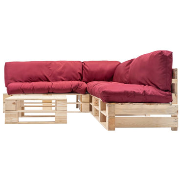 vidaXL Salon de jardin sur palettes 4 pcs avec coussins rouges en bois