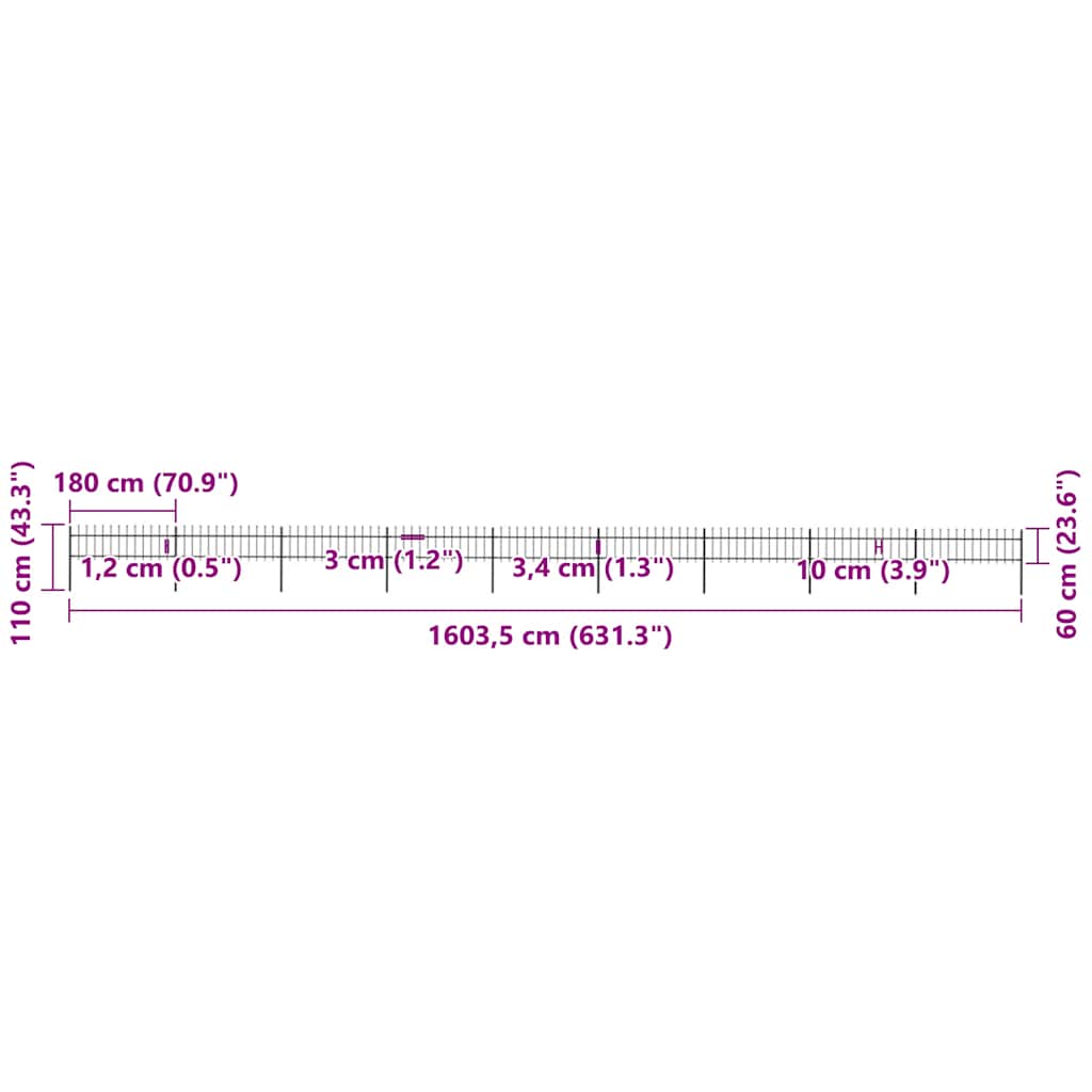 vidaXL Clôture de jardin avec lance en acier 1603,5 x 60 cm Noir