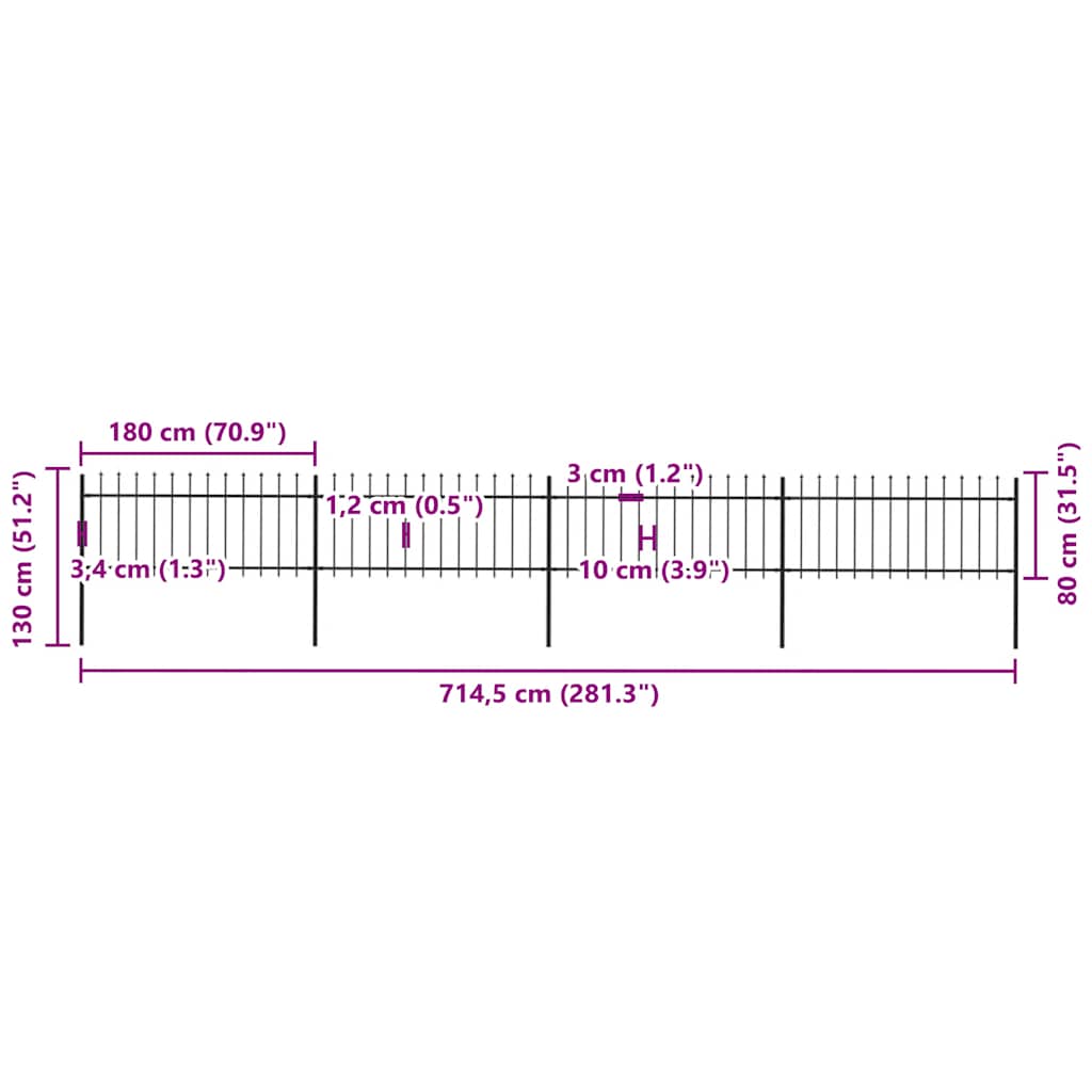 vidaXL Clôture de jardin avec lance en acier 714,5 x 80 cm Noir