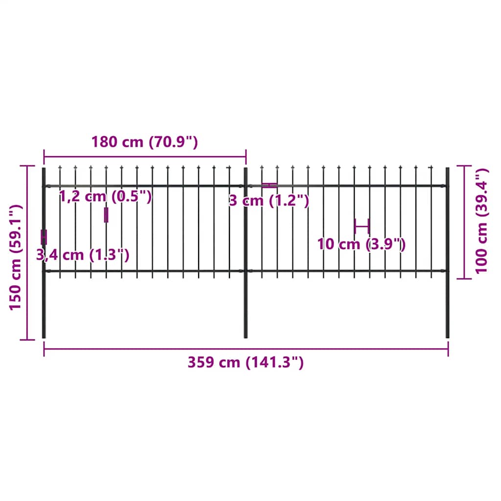 vidaXL Clôture de jardin en acier avec pointes de lance 359 x 100 cm Noir