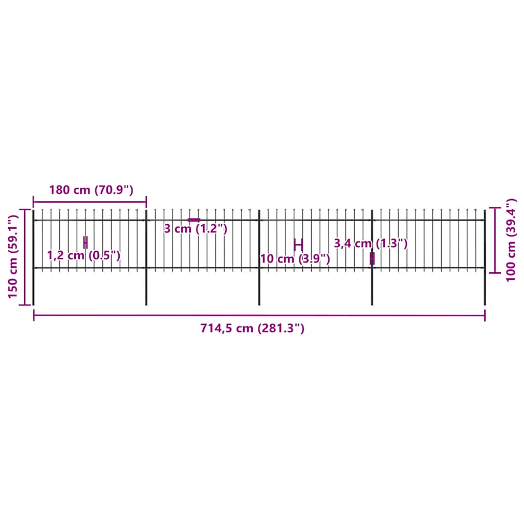 vidaXL Clôture de jardin avec fer de lance Acier 714,5 x 100 cm Noir