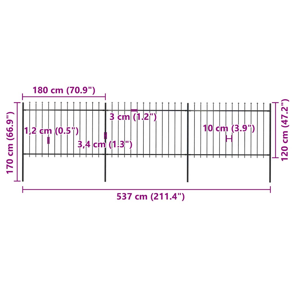 vidaXL Clôture de jardin avec lance en acier 537 x 120 cm noir