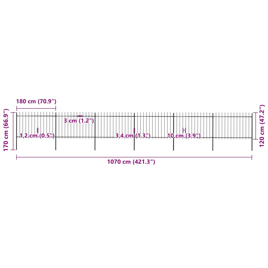 vidaXL Clôture de jardin avec pointes en lance Acier 1070 x 120 cm Noir