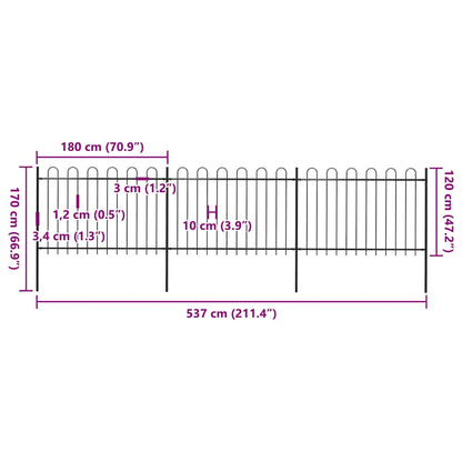 Gartenzaun mit Rundbogen Stahl 537 x 120 cm Schwarz