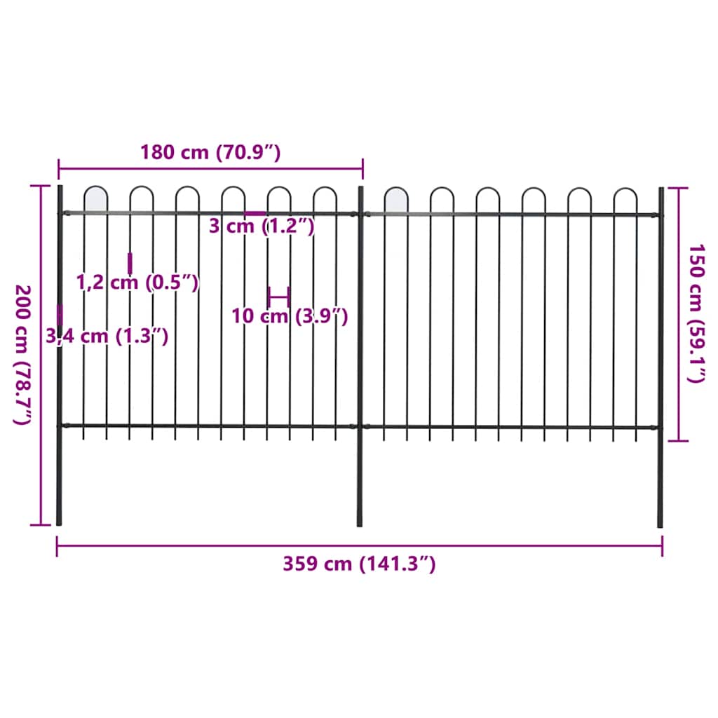 vidaXL Clôture de jardin avec arche en acier 359 x 150 cm Noir