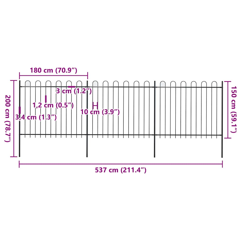 vidaXL Clôture de jardin avec arche en acier 537 x 150 cm Noir