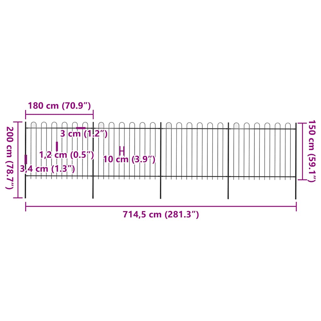 vidaXL Clôture de jardin avec arche en acier 714,5 x 150 cm Noir